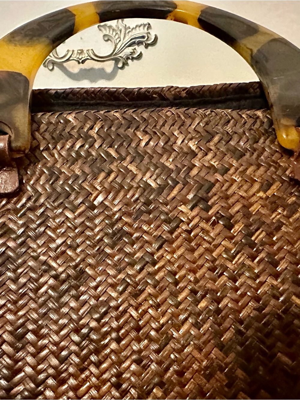 Asiaphile Los Angeles Woven Brown Straw Tote with Tortoiseshell Handle - Picture 3 of 12